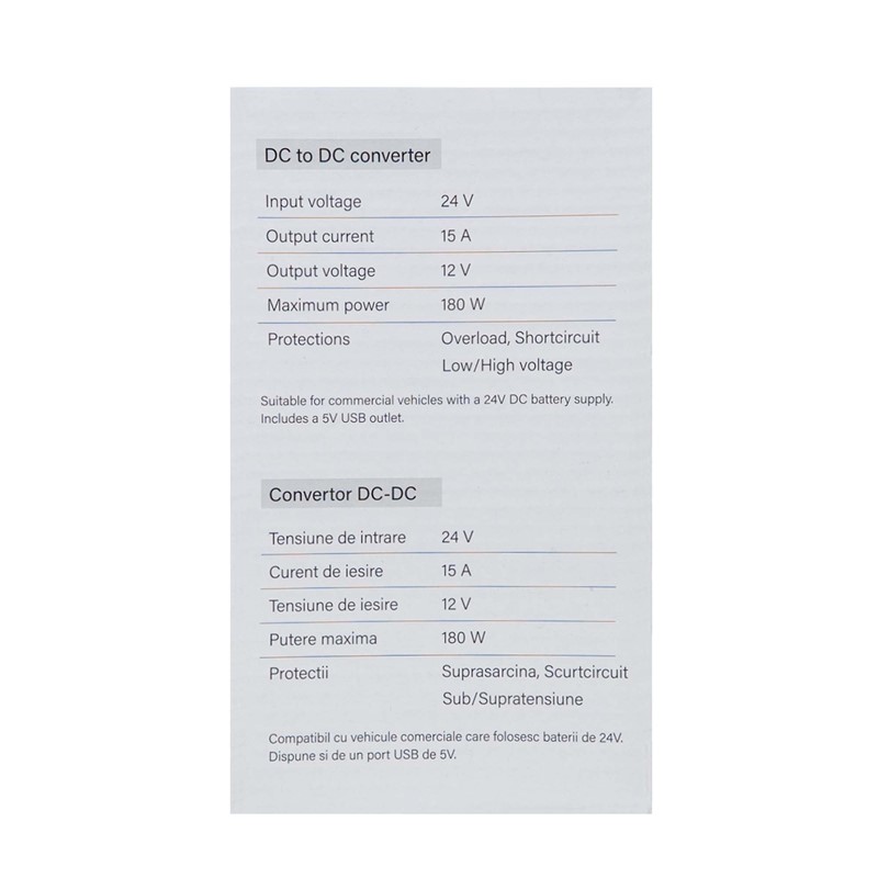 PNI CN15 180W napetostni pretvornik, 24V-12V, 15A, USB 2.0, zaščita pred kratkim stikom na izhodu