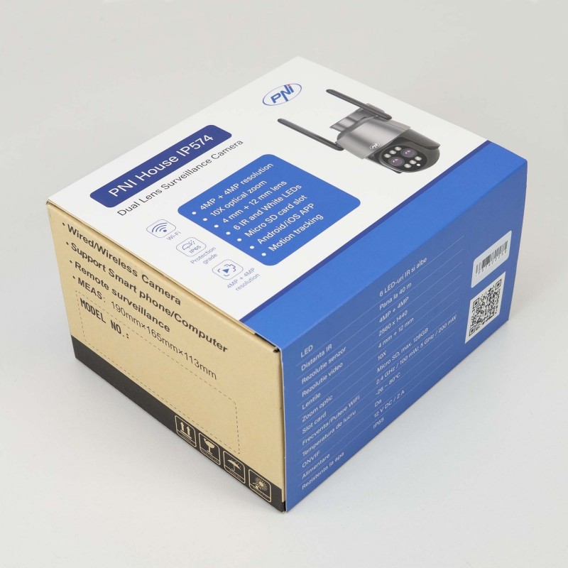 Video nadzorna kamera IP574, 4MP + 4MP ločljivost, 10× optični zoom, CamHi 