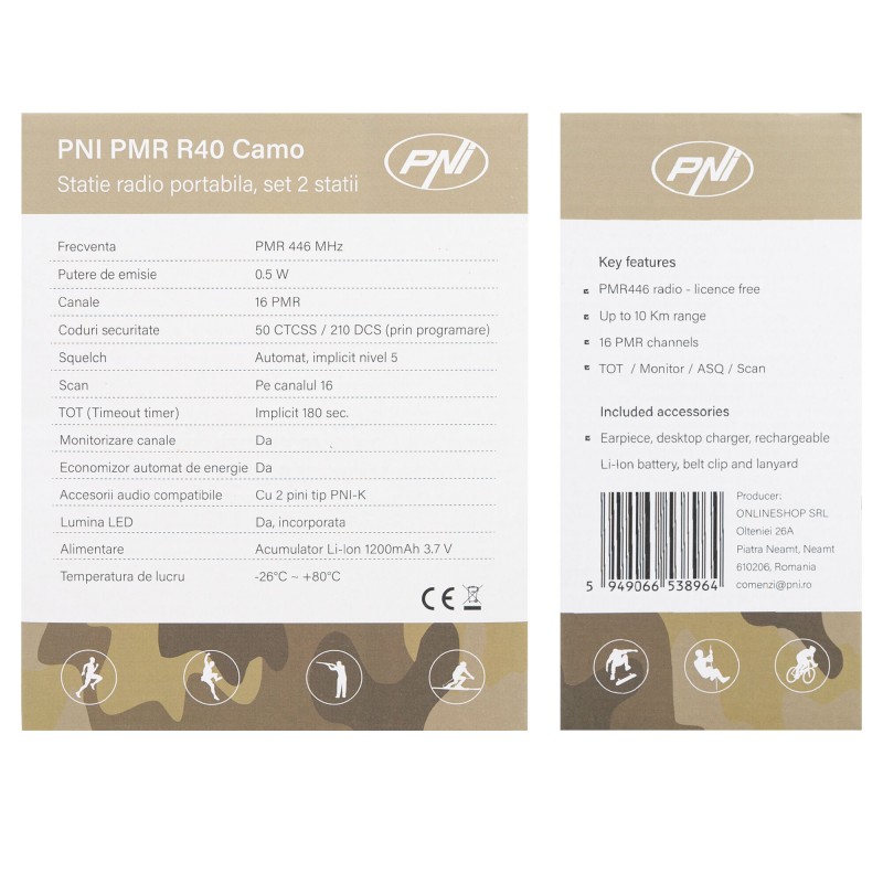 Prenosna radijska postaja PNI PMR R40 Camo, komplet z 2 kosoma