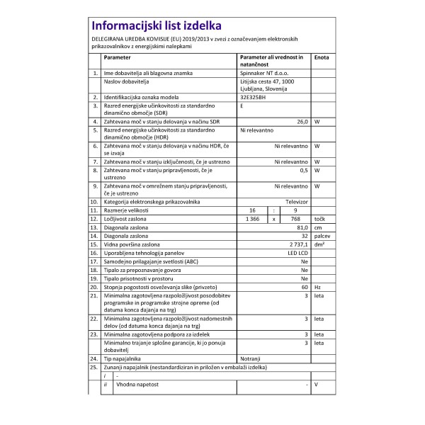 LED TV Tesla 32E325BH, HD televizor