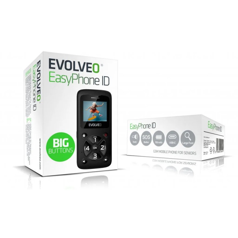 EVOLVEO EasyPhone ID, mobilni telefon za starejše, črn