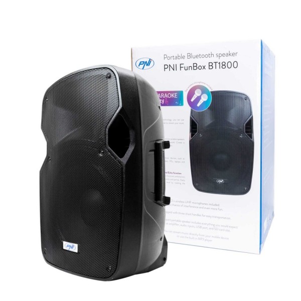 Bluetooth zvočnik FunBox BT1800, RMS 180W, 12-palčni nizkotnik, MP3, čitalnik SD kartic, USB, FM radio, karaoke, funkcija Echo, 2 UHF mikrofona