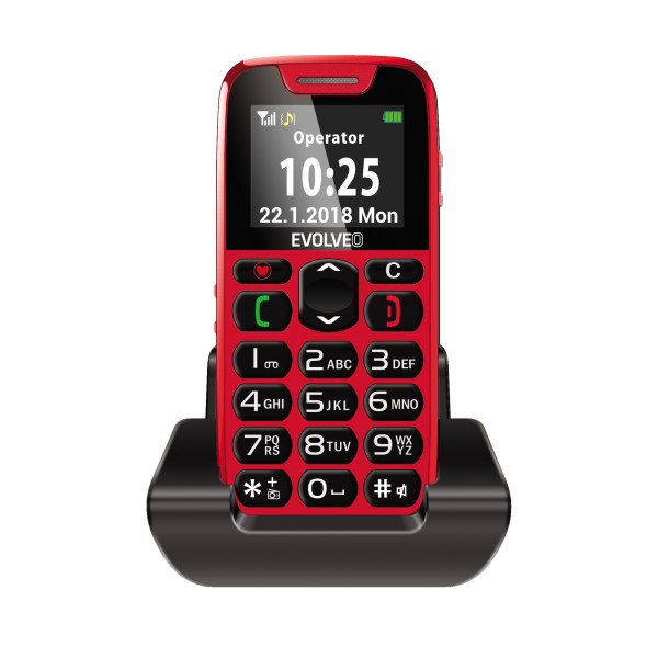 EasyPhone mobilni telefon za starejše s polnilnim stojalom, Rdeč