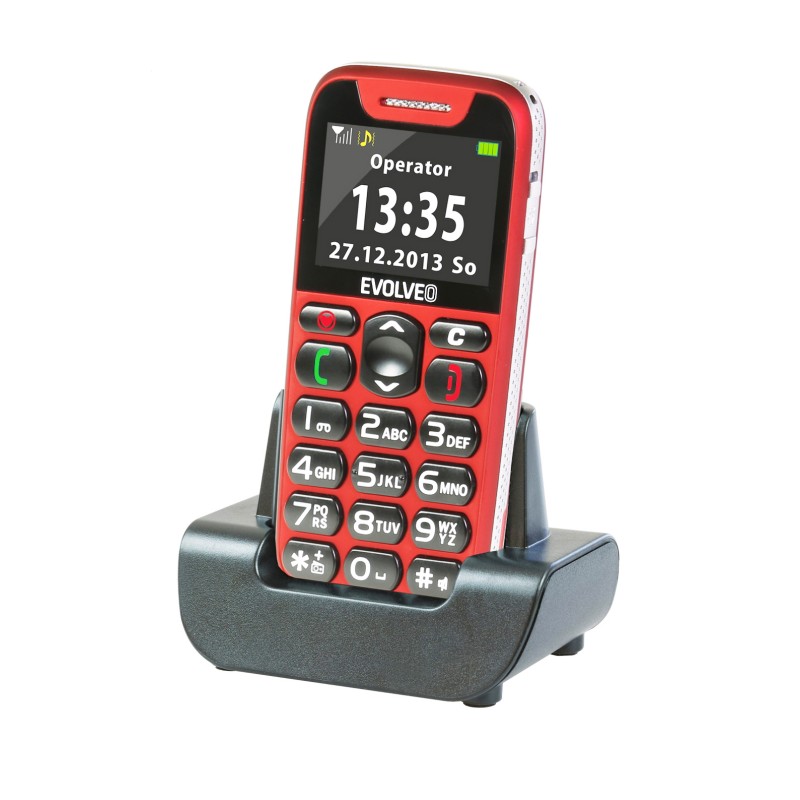 EasyPhone mobilni telefon za starejše s polnilnim stojalom, Rdeč