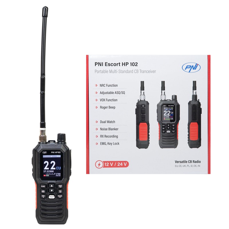 Prenosna CB radijska postaja Escort HP 102, multistandard, 4 W, 12 V, AM/FM, NRC, Dual Watch, Roger Beep, nastavljiv ASQ/SQ, VOX