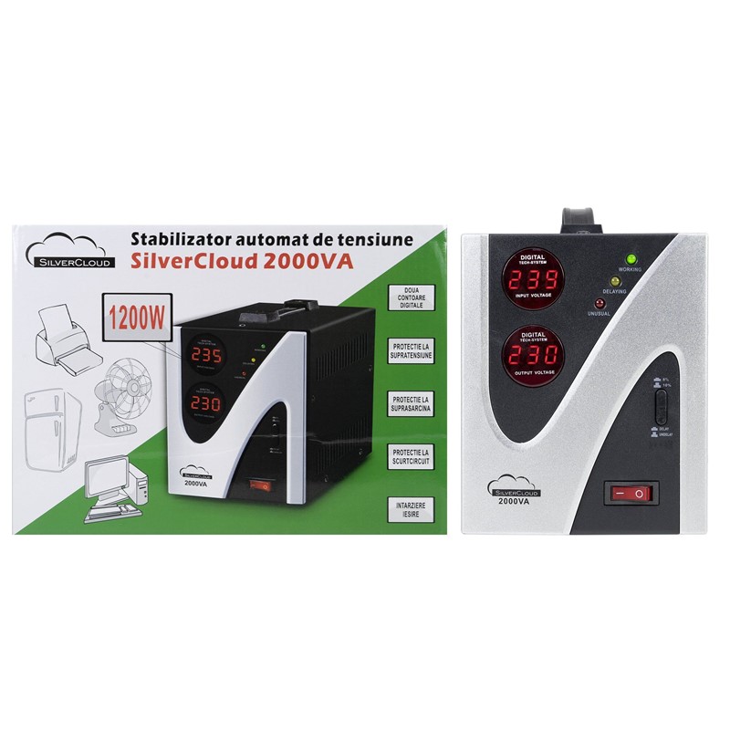 Stabilizator napetosti SilverCloud 2000VA 1200W 9.1A izhod 230V ± 10%