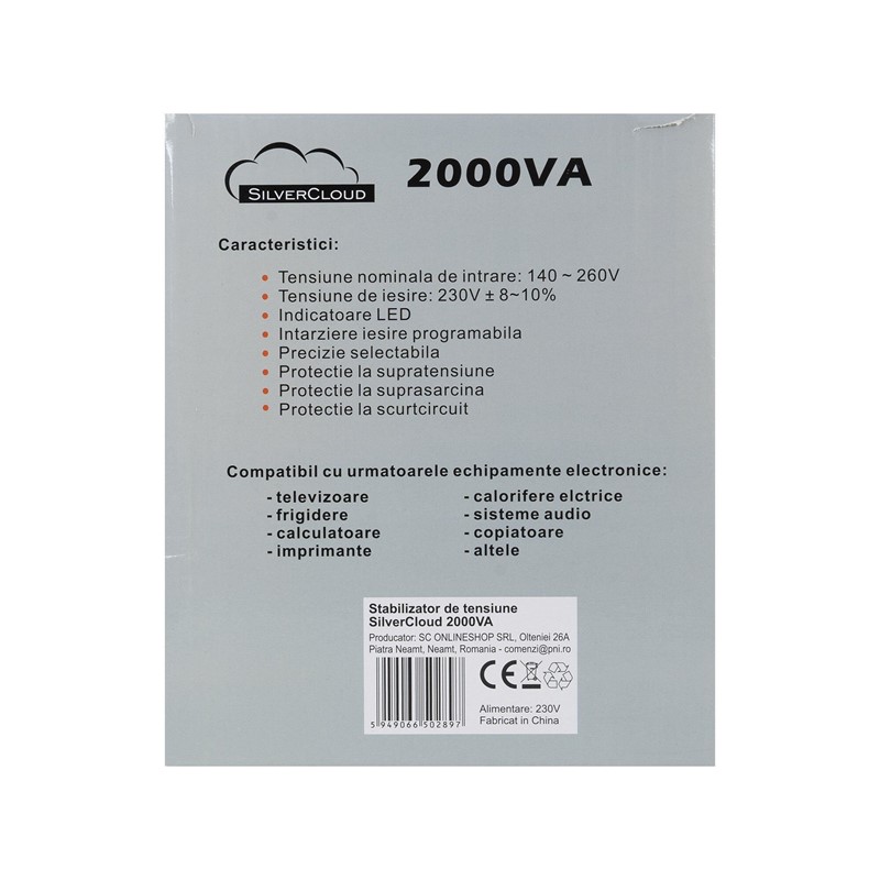 Stabilizator napetosti SilverCloud 2000VA 1200W 9.1A izhod 230V ± 10%
