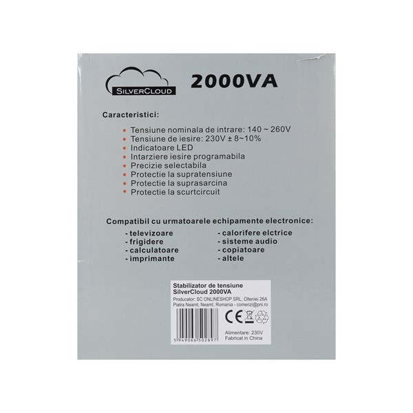 Stabilizator napetosti SilverCloud 2000VA 1200W 9.1A izhod 230V ± 10%