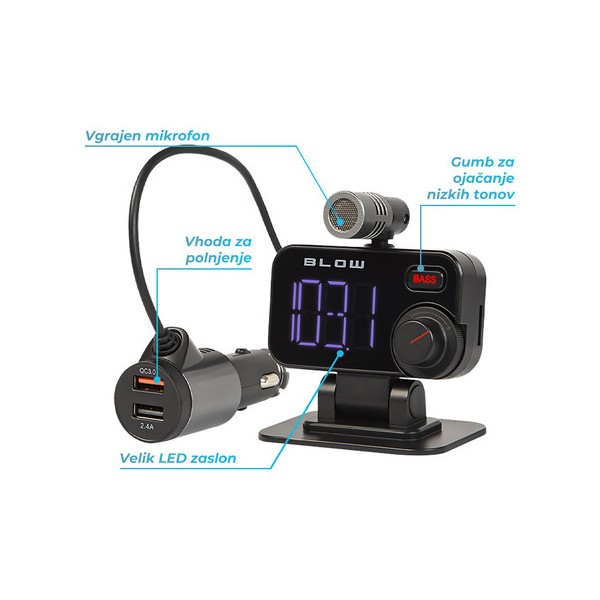 FM oddajnik 74-159, 3v1, Bluetooth + polnilec + prostoročno telefoniranje + mikrofon